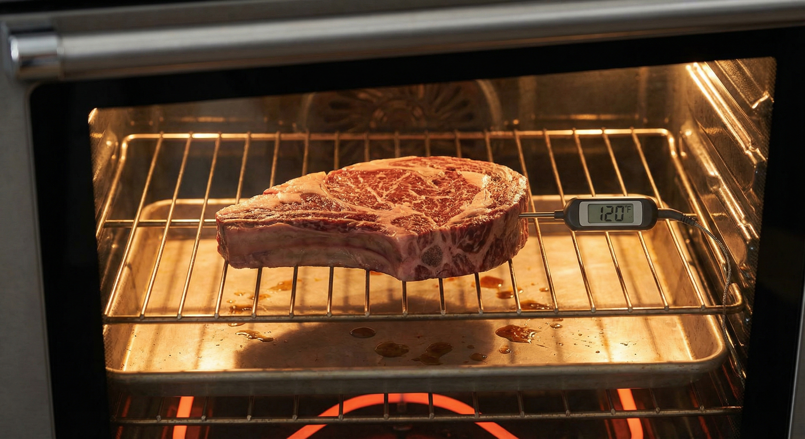 Ribeye steak on wire rack in oven during low-and-slow phase