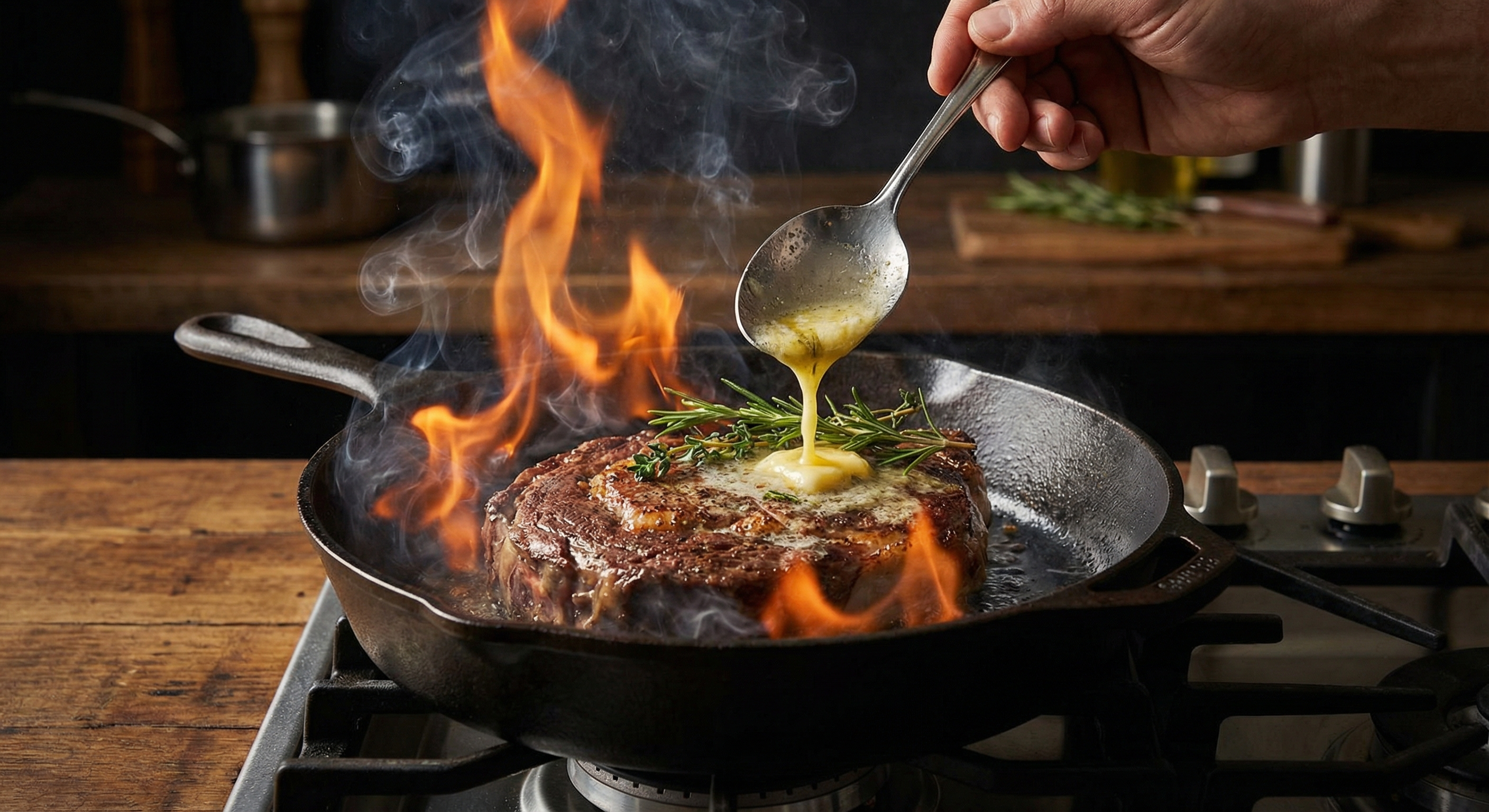 Ribeye steak searing in smoking hot cast iron with butter and herbs