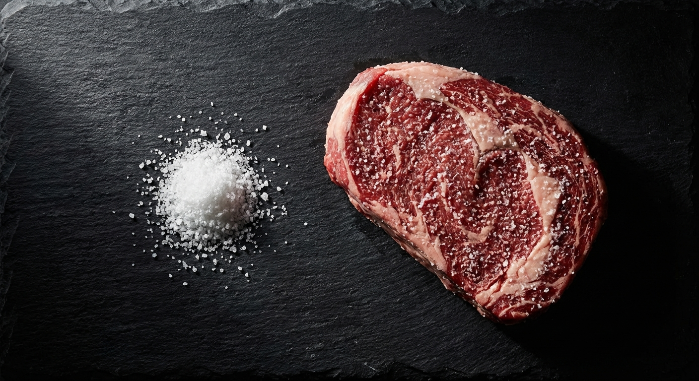 Measured amount of coarse kosher salt next to a raw ribeye steak showing the proper salt-to-meat ratio for dry brining
