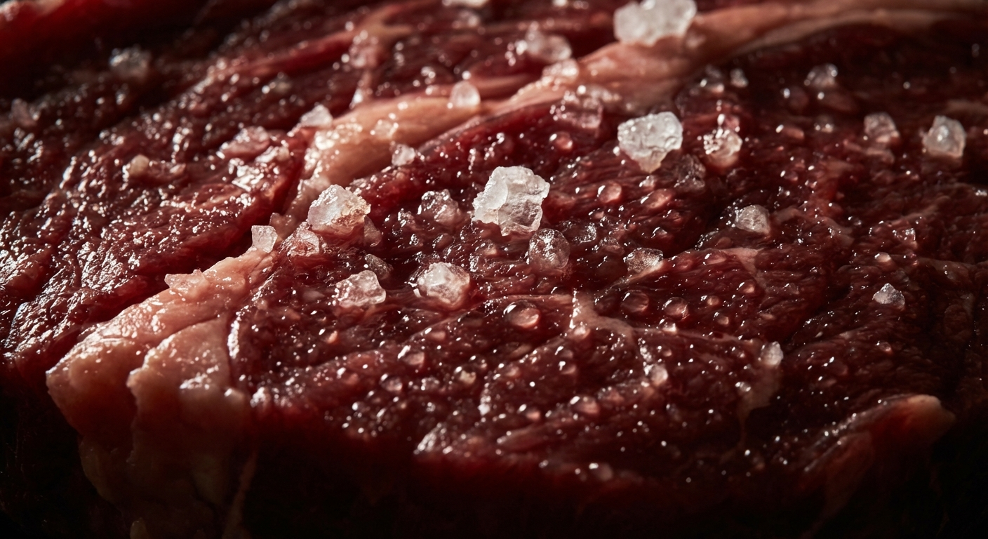 Close-up of a salted steak surface showing beads of moisture being drawn out by osmosis after 10 minutes of salting