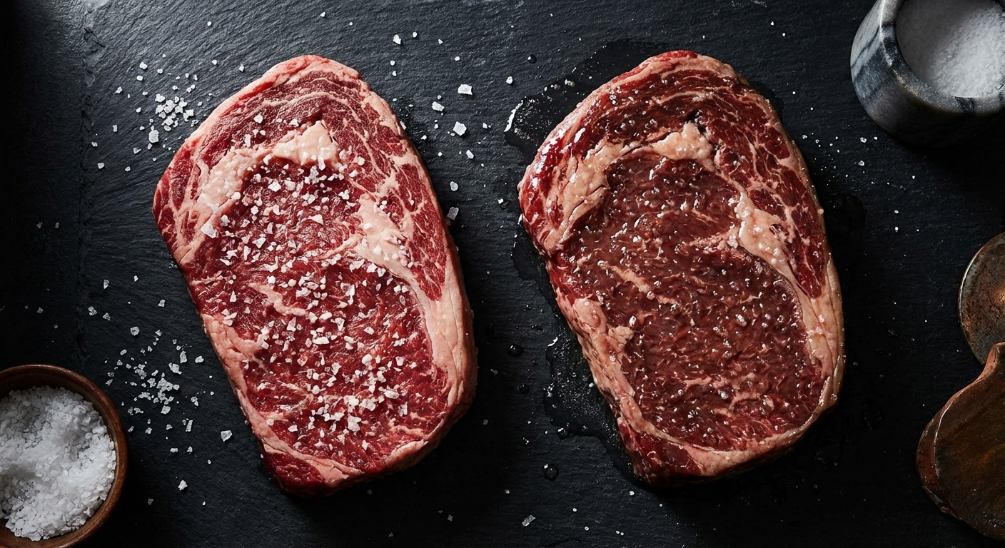 Side-by-side comparison of two steaks showing surface moisture at different salting times — one just salted showing dry surface and one at 15 minutes showing wet beaded surface